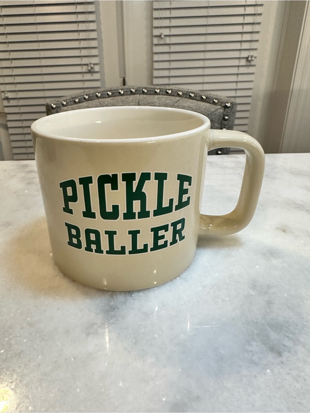 Stoneware Pickle Baller Beige Ceramic Coffee / Tea Mug - Green Lettering, 15oz